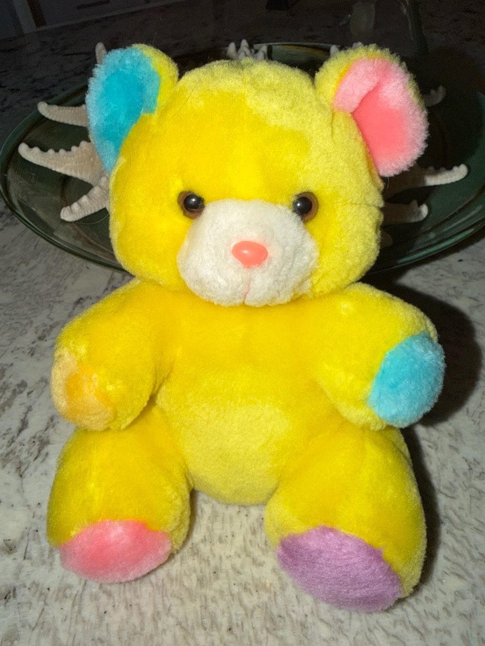 Vintage Colorblock Bear Yellow Pink Blue & Purple Teddy Bear Plush 8” - Picture 1 of 7